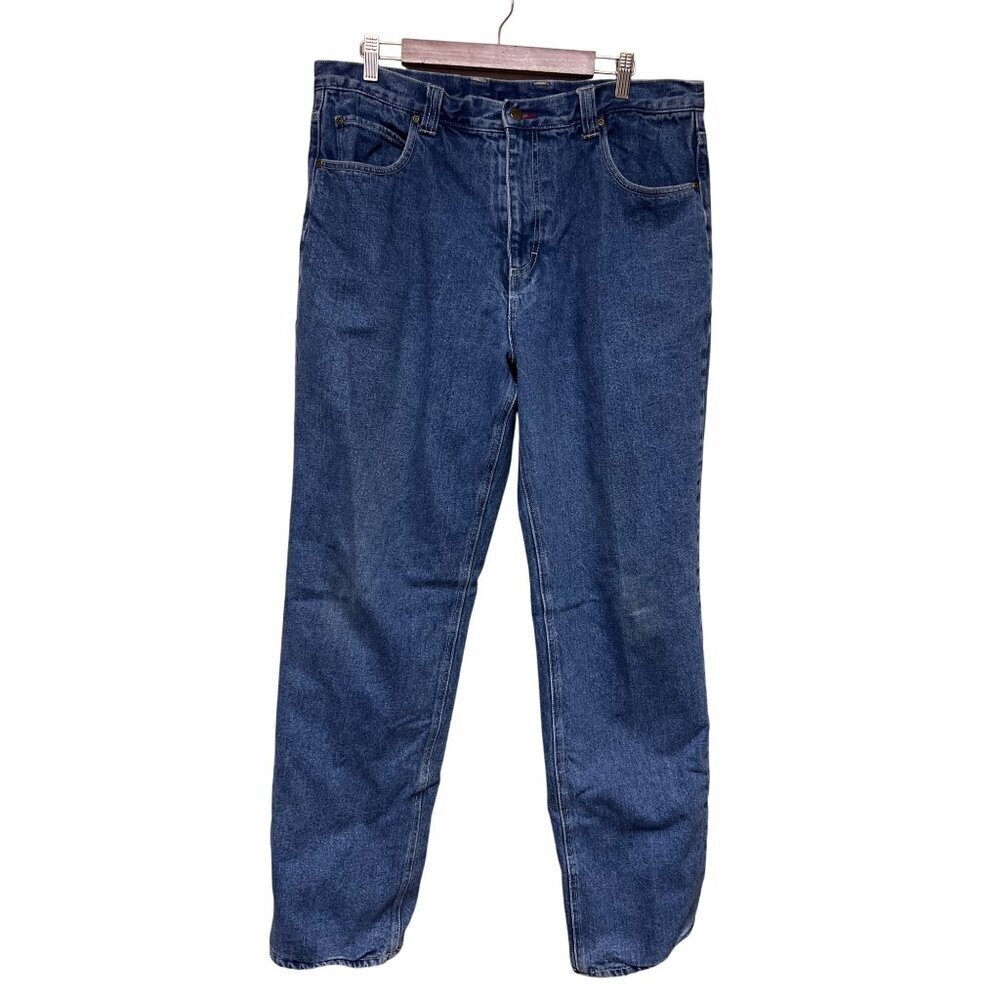 Woolrich Men's Flannel Lined Denim Blue Jeans Red Plaid Size 36 Winter Outdoors